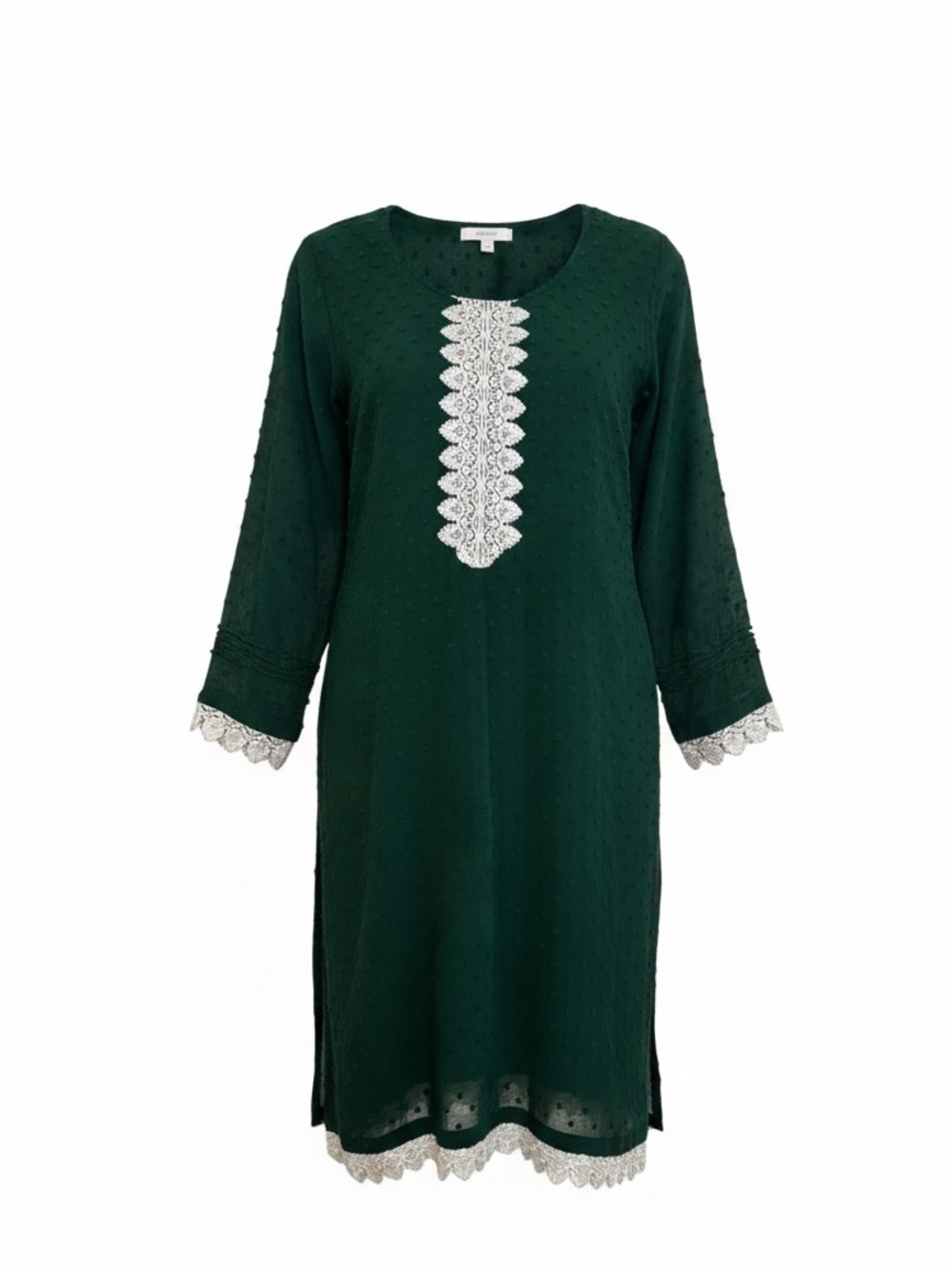 Moroccan Swiss Dot Long Sleeve Lace Trim Chiffon Kaftan Short Dress Green Small